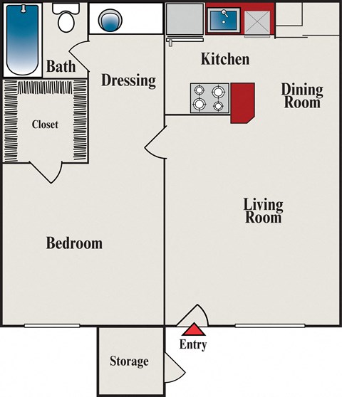 Floor plan for 1 bed, 1 bath, 600 sqft